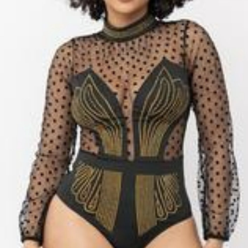 Black Gold Studded Bodysuit Corset Silhouette over Delicate Swiss Dot S/M/L/XL - Picture 2 of 10